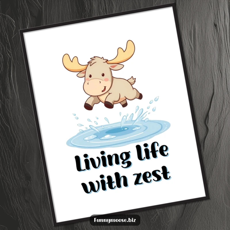 Funny Kawaii moose poster, a moose joyfully leaping over a sparkling puddle, with water flying, a dynamic artwork.