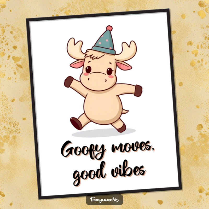 Funny Kawaii moose poster, a moose with a tilted hat attempting a wobbly dance, full of personality and humor.