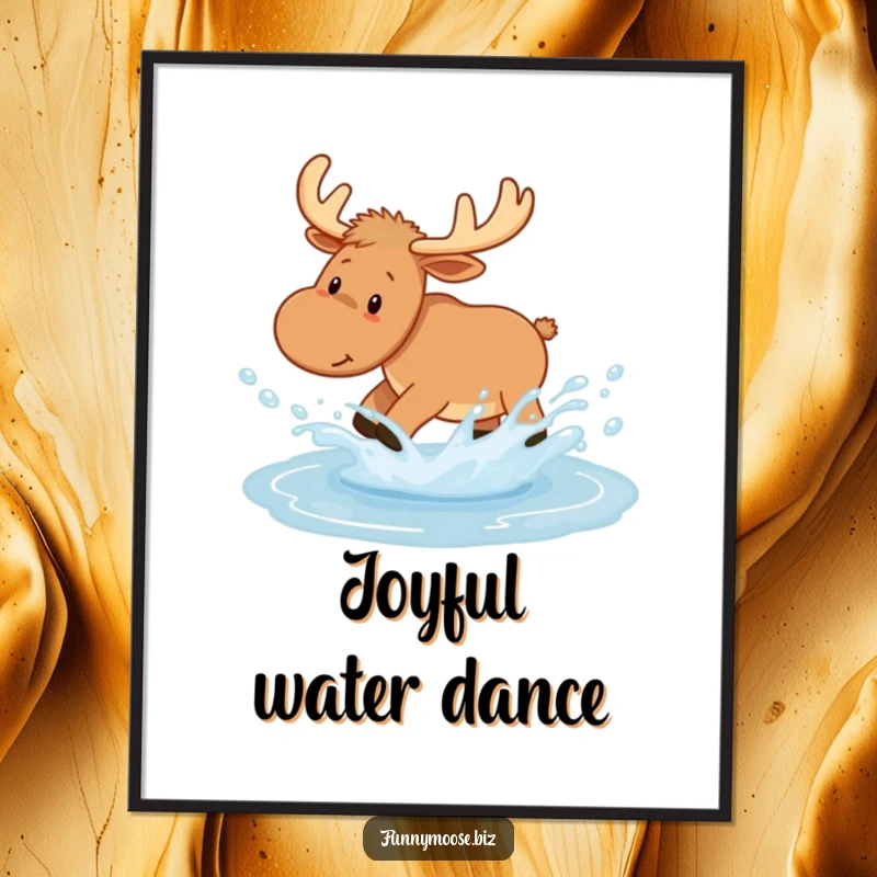 Funny Kawaii Moose Poster playfully splashing in a puddle, leaving joyful water droplets, adding artistic woodland humor.
