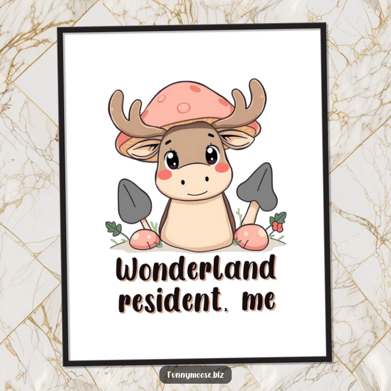 Funny Kawaii moose poster, a curious moose peeking from behind a giant mushroom, with wide, innocent eyes.
