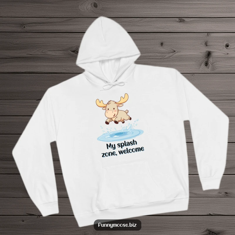 Funny Kawaii moose hoodie, joyfully leaping over a sparkling puddle, water droplets flying, a celebration of fun.