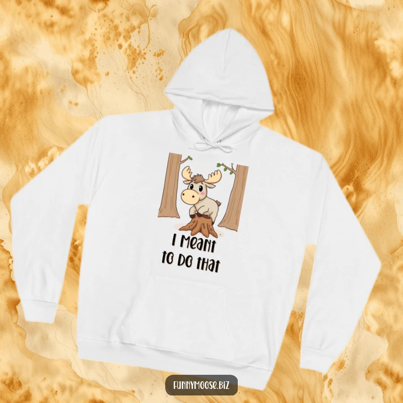 Funny Kawaii Moose Hoodie: A surprised cartoon moose stumbles over a root, cozy apparel for humor lovers.