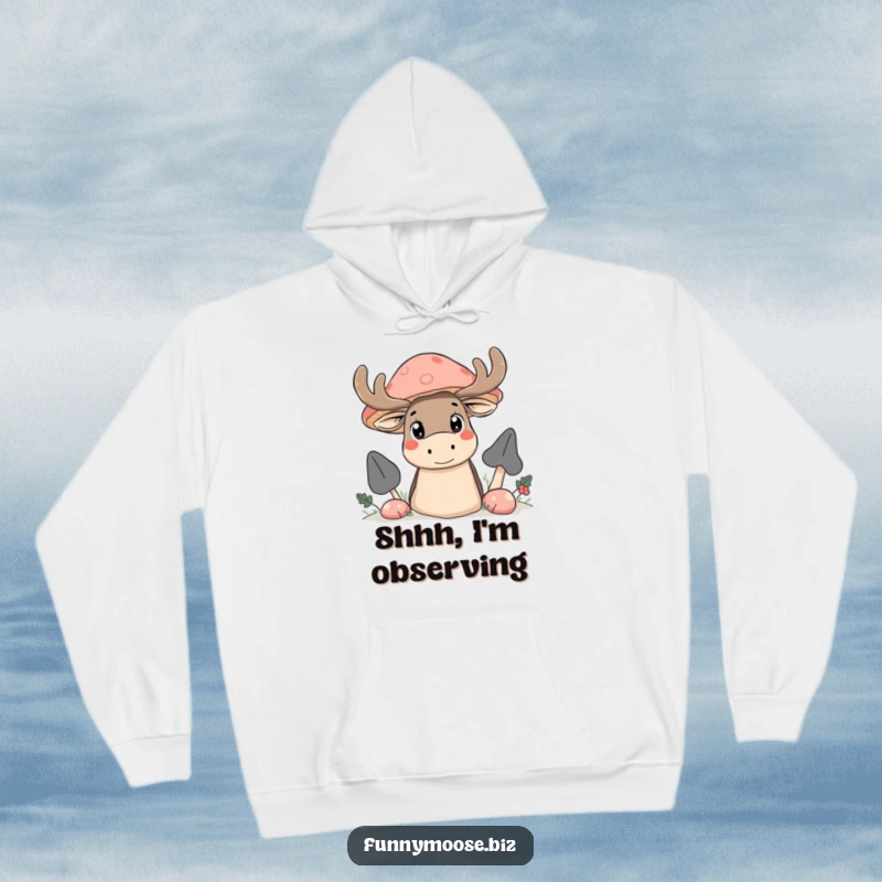 Funny Kawaii moose hoodie, hiding behind a giant mushroom, with wide, innocent, curious eyes, a charming peek.