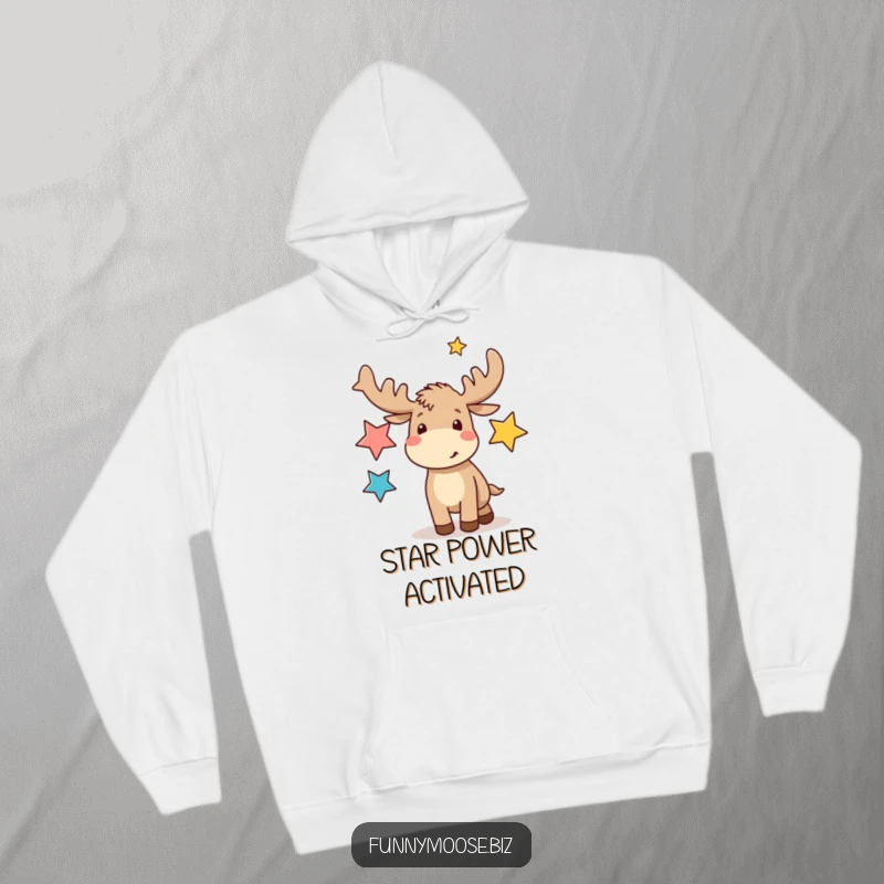 Funny kawaii moose in a warm hoodie, excitedly juggling abstract stars, perfect for a cozy and humorous, gifted item.