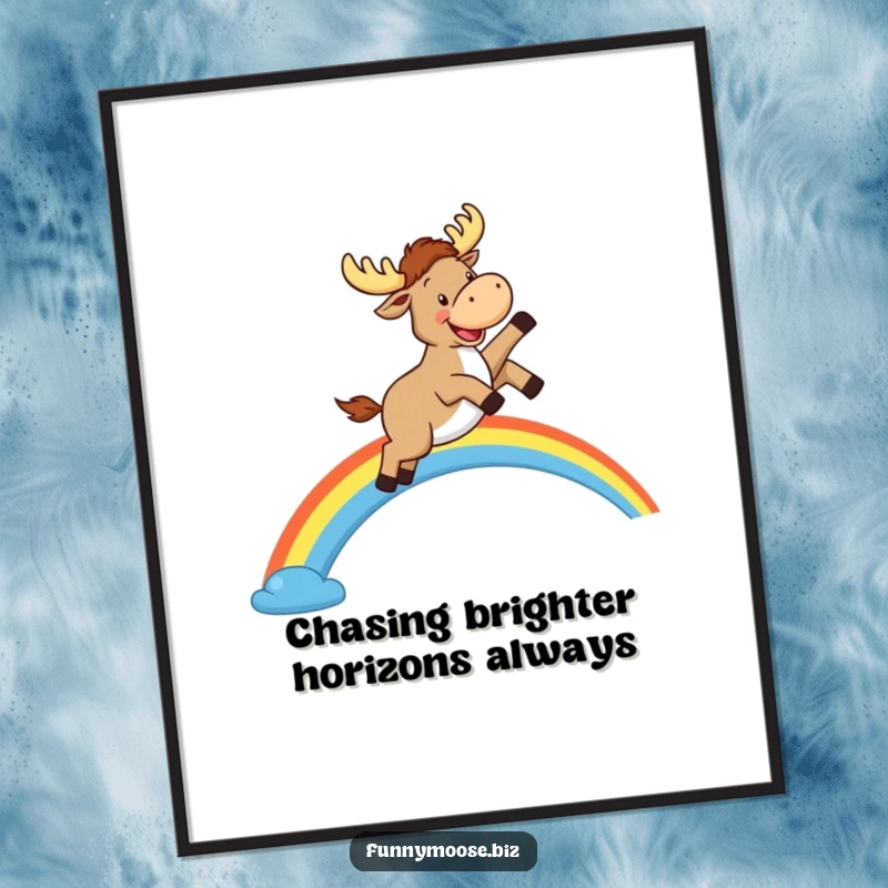 Funny Free Printable Wall Art: Kawaii moose happily leaping over a rainbow arc with a huge, joyful grin.