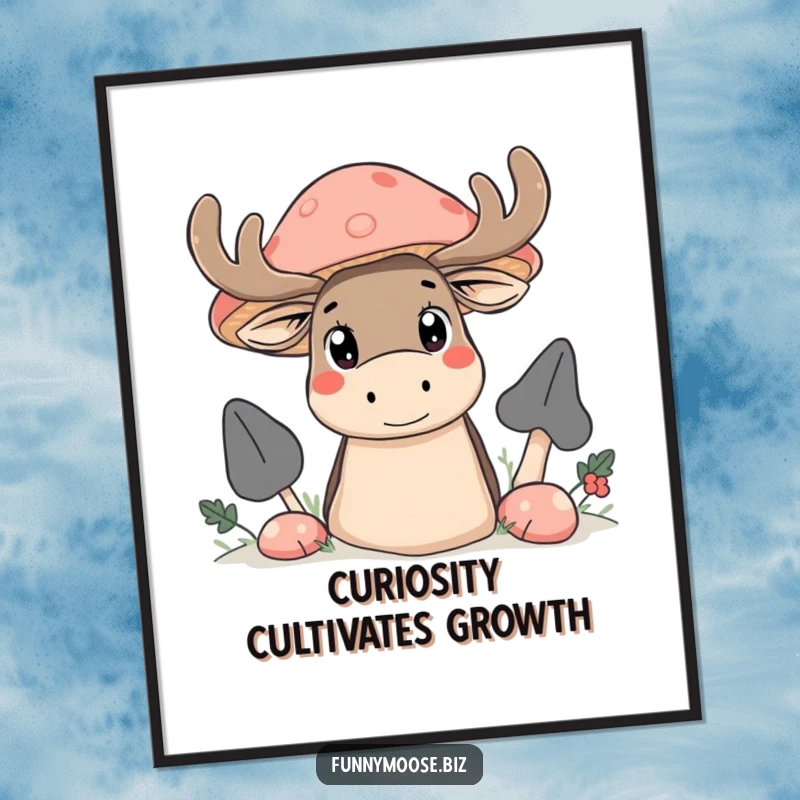 Funny Free Printable Wall Art: A Kawaii moose with large, curious eyes peeking playfully from behind a giant mushroom.