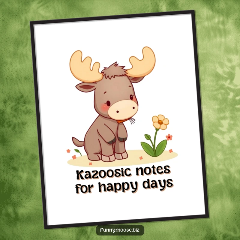 Funny Free Printable Wall Art: Kawaii moose attempts to serenade a flower with a tiny kazoo, bringing joy.