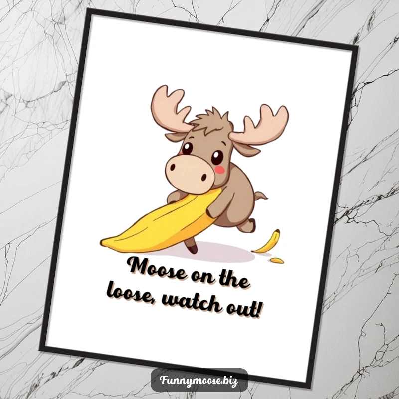 Funny Free Printable Wall Art: Clumsy kawaii moose trips over large banana peel with a surprised expression.