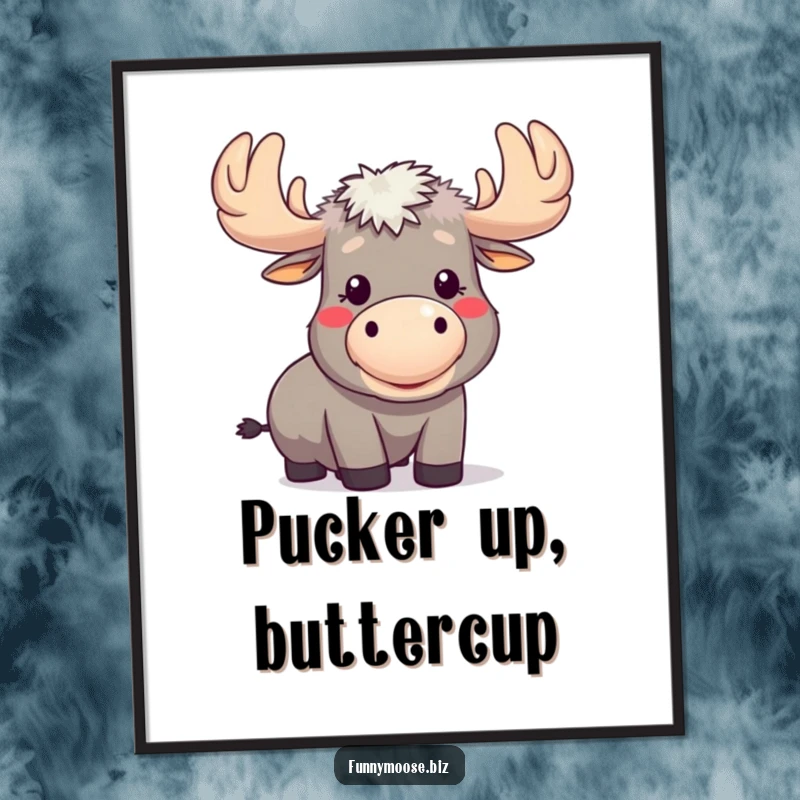 Funny Free Printable Wall Art: Kawaii moose comically blowing a raspberry, cheeks puffed out in a funny way.