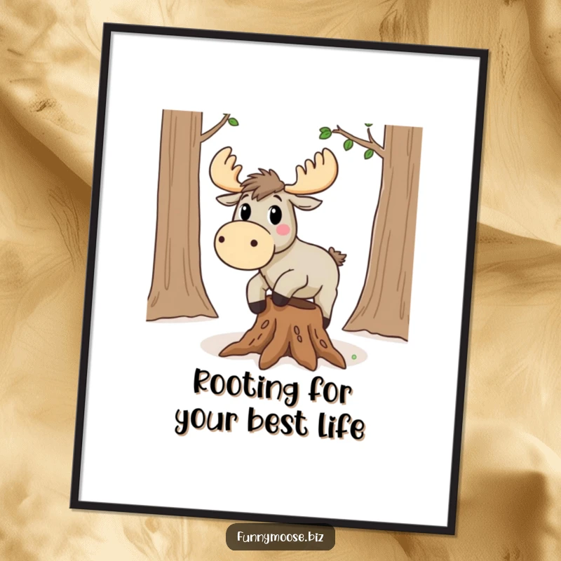 Funny Free Printable Wall Art: Kawaii moose comically tripping on a root, a surprised and funny scene.