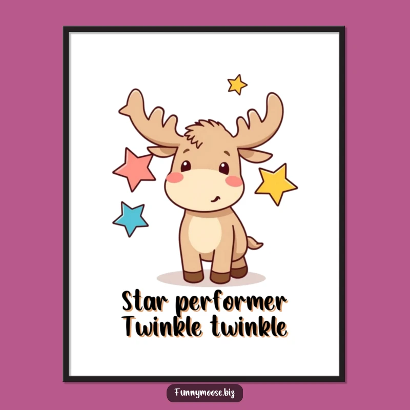 Funny Free Printable Wall Art: Kawaii Moose Juggling Stars for Whimsical Downloadable Decor