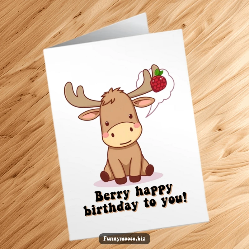 Funny Free Printable Birthday Card: An excited Kawaii moose with a thought bubble of a berry, perfect for birthday wishes.