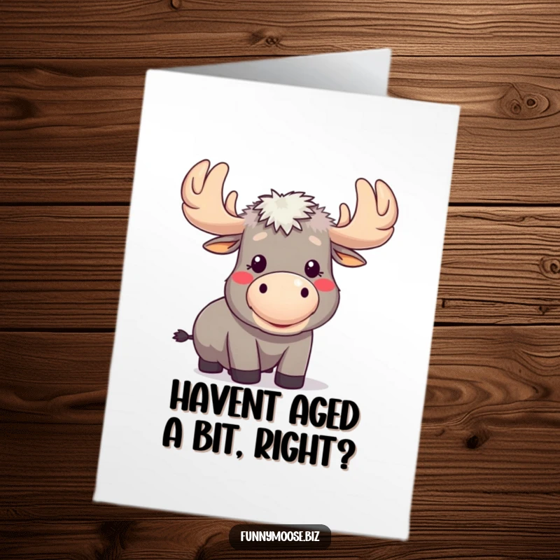 Funny Free Printable Birthday Card: Kawaii moose comically blowing a raspberry, cheeks puffed out.