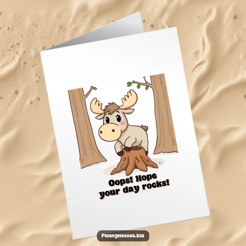 Funny Free Printable Birthday Card: Kawaii moose hilariously tripping over a root, wide-eyed surprise.