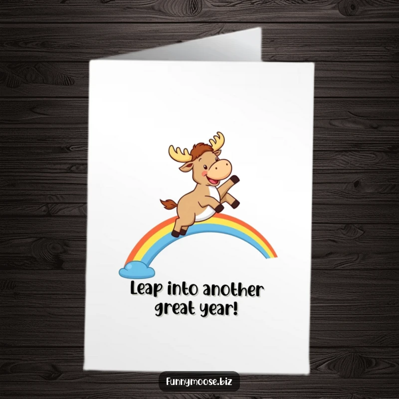 Funny Free Printable Birthday Card: Kawaii moose with a wide grin joyfully leaping over a rainbow arc.