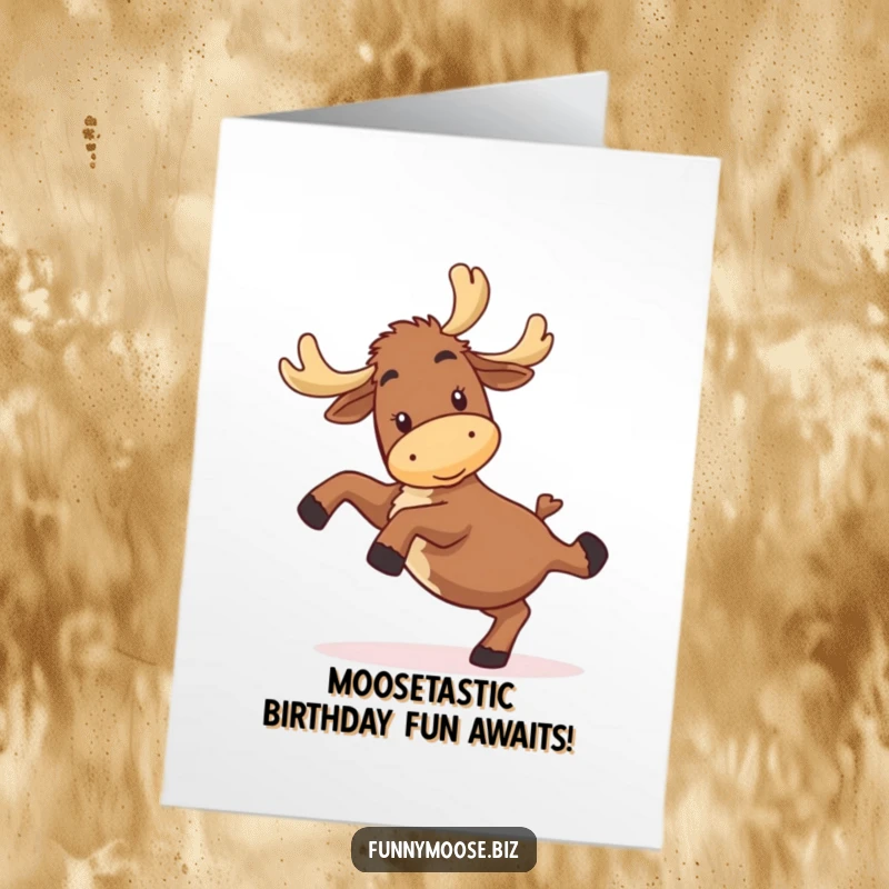 Funny Free Printable Birthday Card: A kawaii moose attempting a wobbly cartwheel, spreading birthday cheer with a smile.