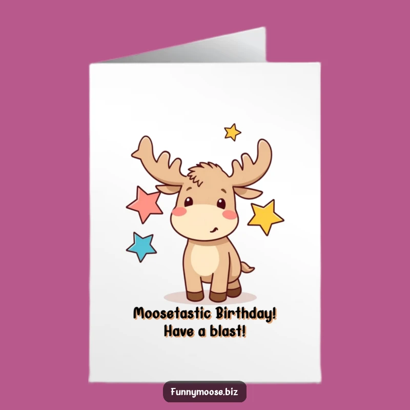 Free Printable Birthday Card: Funny Kawaii Moose Juggling Stars for a Hilarious Downloadable Gift