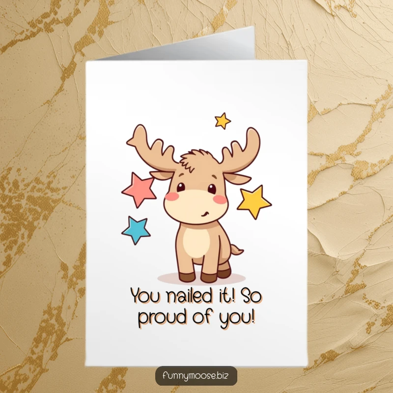 Funny free printable congratulations card: A kawaii moose enthusiastically juggles three abstract star shapes in celebration.