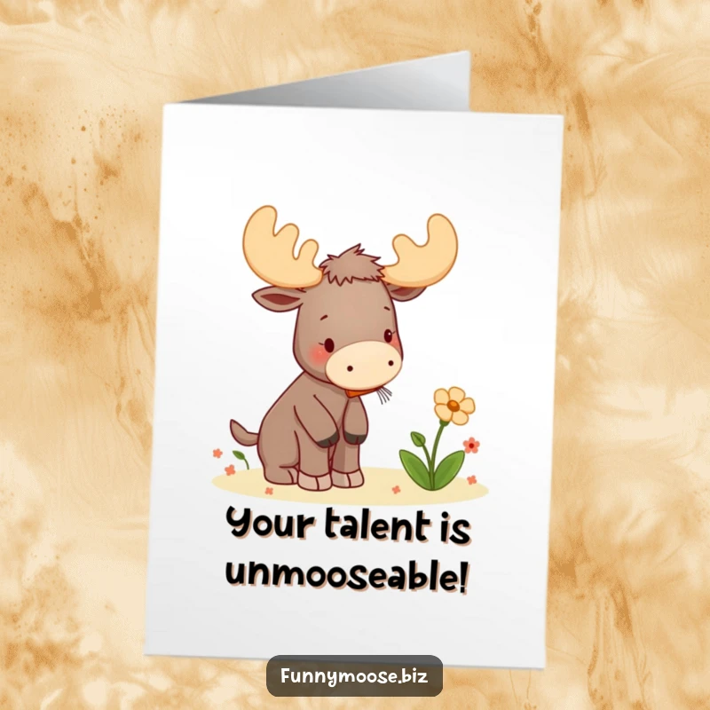 Funny Free Printable Congratulations Card: Kawaii moose plays a tiny kazoo to serenade a flower, celebrating success.
