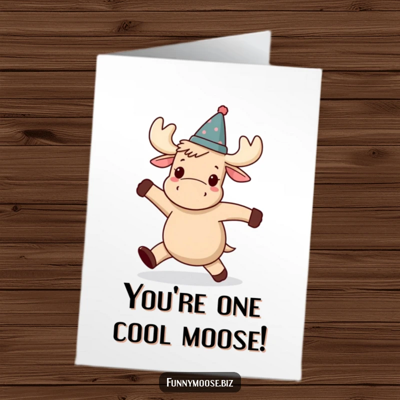 Funny Free Printable Congrats Card: A Kawaii moose wearing a tilted hat, wobbly dancing with pure delight and humor.