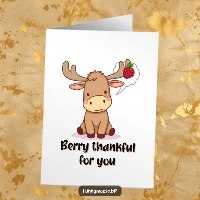 Funny Free Printable Thank You Card: A happy Kawaii moose with a thought bubble of a berry, showing excitement for thanks.