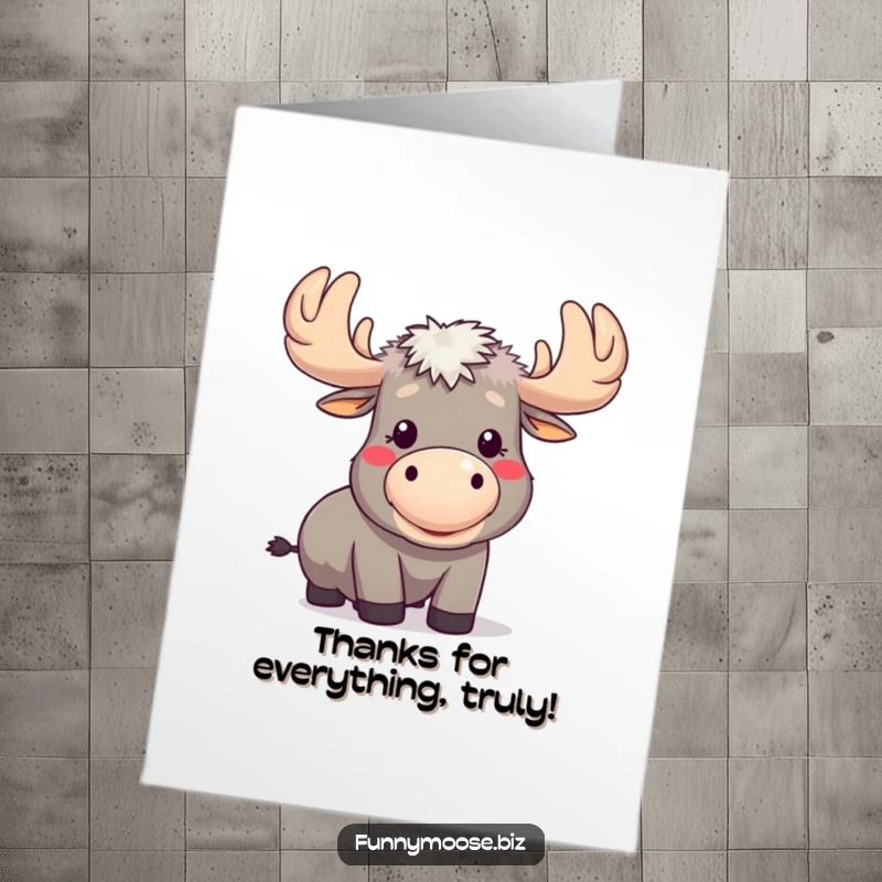 Funny Free Printable Thank You Card: Kawaii moose blowing a raspberry with puffed cheeks, a funny expression.