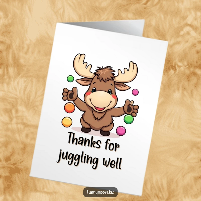 Funny Free Printable Thank You Card: A goofy Kawaii moose juggling brightly colored balls, a fun way to send thanks.
