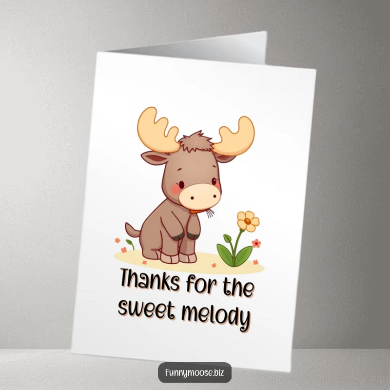 Funny Free Printable Thank You Card: Kawaii moose plays a tiny kazoo to serenade a flower, saying thanks.