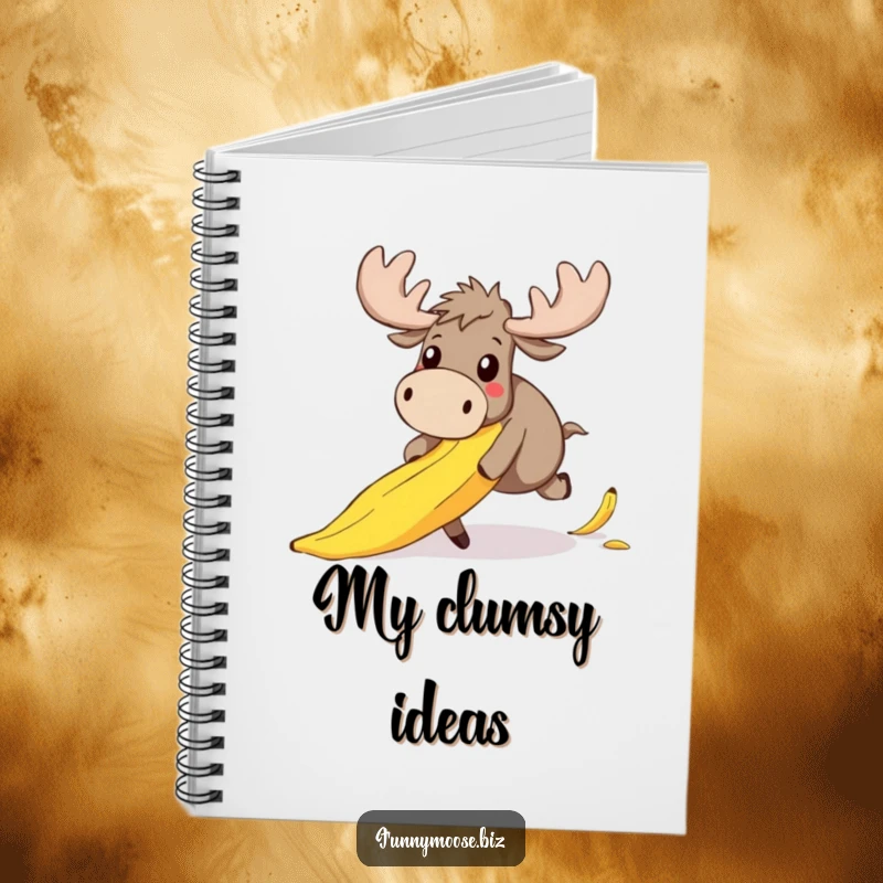 Funny notebook cover featuring a clumsy kawaii moose tripping over a banana peel, its expression one of wide-eyed surprise.