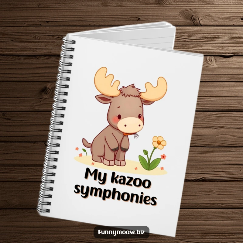 Funny notebook cover featuring a kawaii moose playing a tiny kazoo to serenade a flower, inspiring creative and musical thoughts.