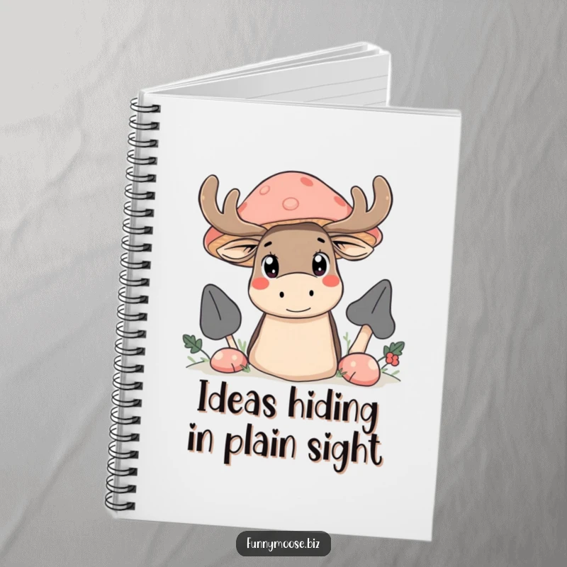 Funny Kawaii moose notebook, a curious moose peeking with big eyes from behind a giant mushroom.