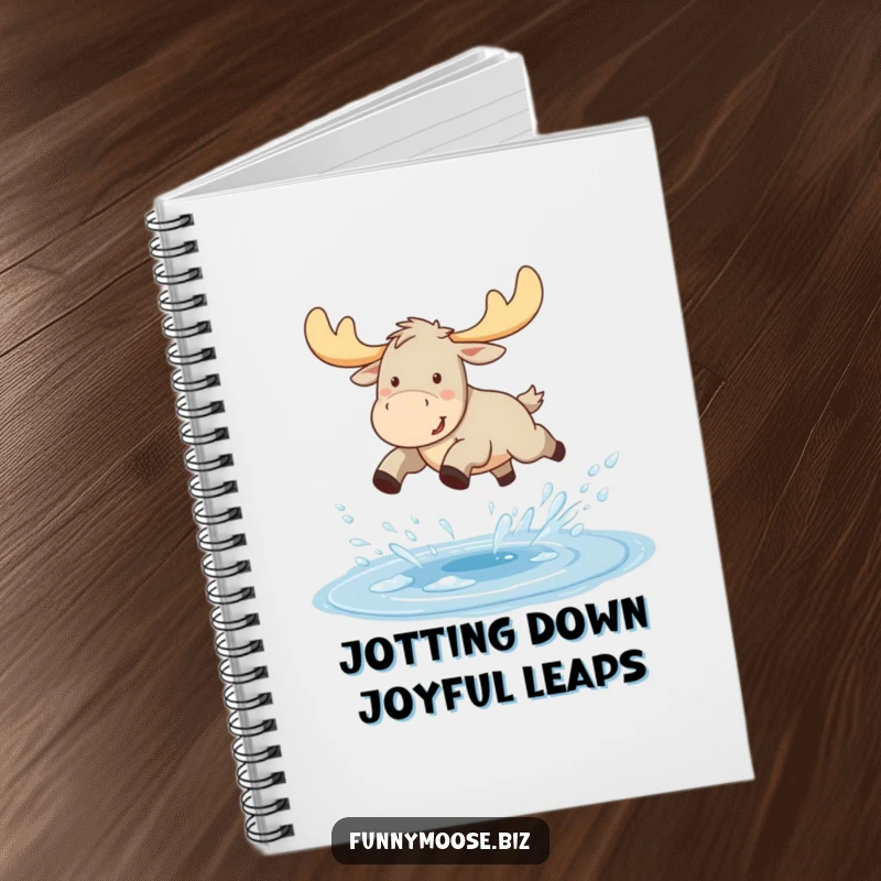 Funny Kawaii moose notebook, a moose joyfully leaping over a sparkling puddle, water splashing, perfect for note-taking.