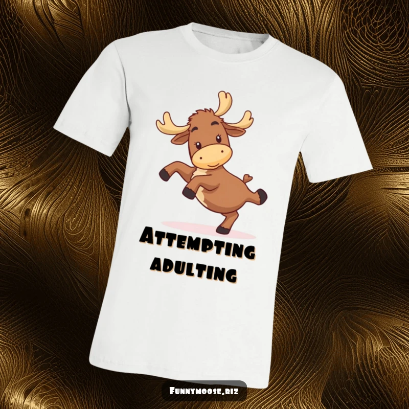 Funny kawaii moose t-shirt depicting a happy yet clumsy character attempting a cartwheel, ideal for lovers of funny apparel.