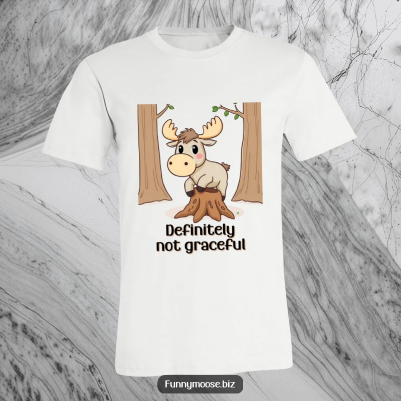 Funny Kawaii Moose T-Shirt: A surprised moose comically trips over a tree root, apparel for clumsy people.