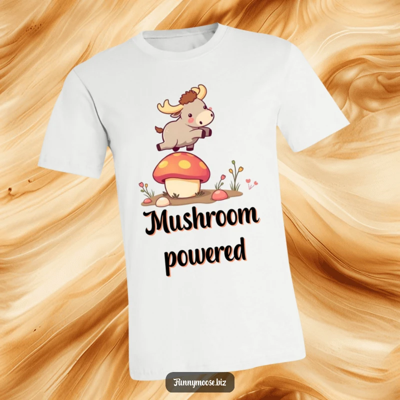 Funny tiny kawaii moose mid-air, launching from a brightly colored bouncy mushroom on a humorous and energetic t-shirt.