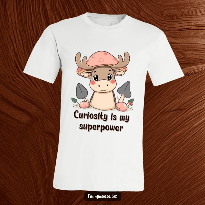 Funny Kawaii moose t-shirt, peeking from behind a large mushroom, eyes wide with curiosity, a sweet woodland scene.