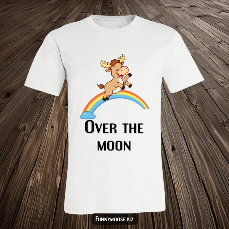 Funny Kawaii Moose T-Shirt: A joyful moose leaps high over a rainbow arc, apparel for cheerful souls.