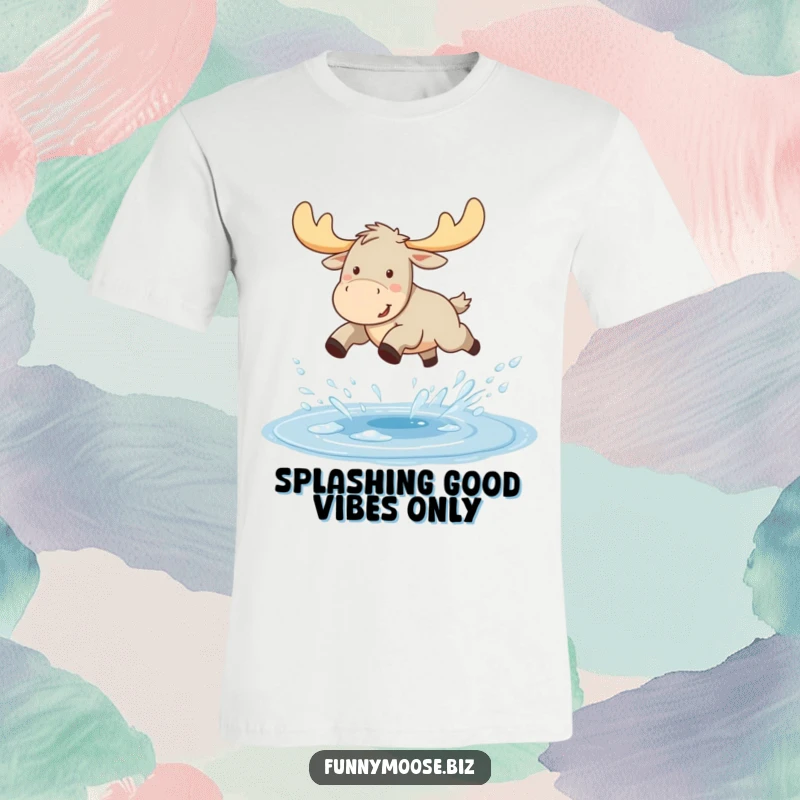Funny Kawaii moose t-shirt, mid-leap over a sparkling puddle, water splashing, radiating pure joy and excitement.