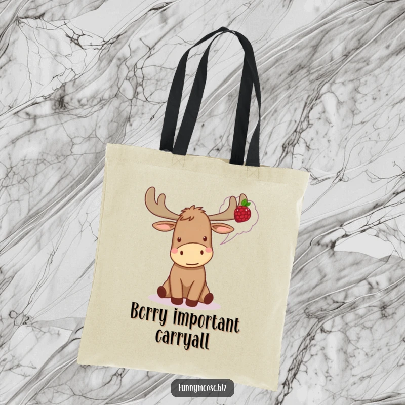 Funny Kawaii Moose Tote Bag looking excited, dreaming of a berry, perfect for everyday use with woodland humor.