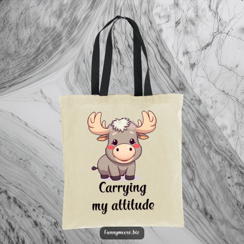 Funny Kawaii Moose Tote Bag: A moose blows a raspberry with puffed cheeks, reusable bag for sassy people.
