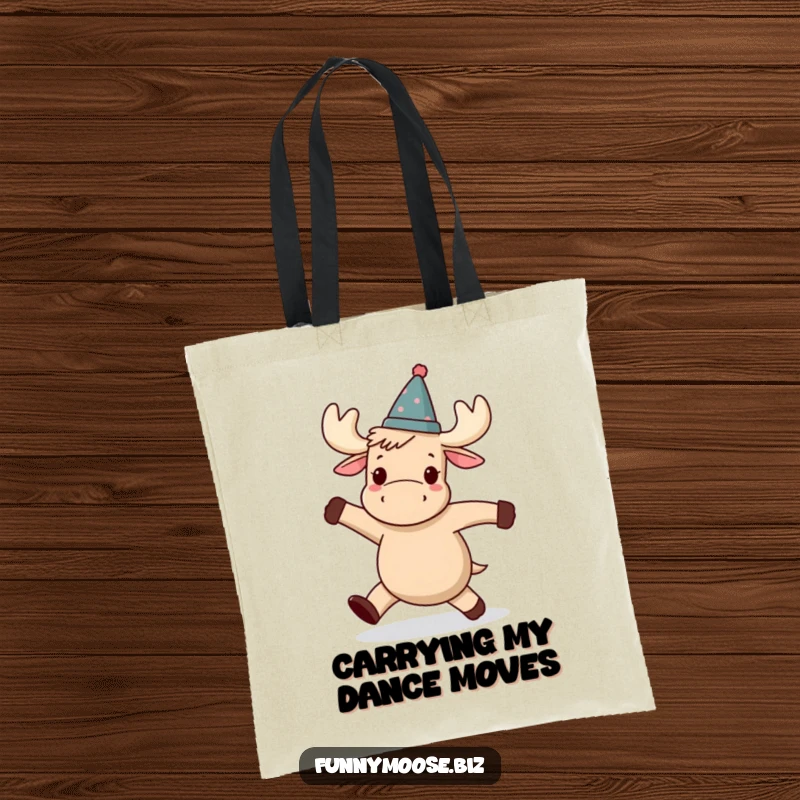 Funny Kawaii moose tote bag, wearing a small tilted hat, mid-wobbly dance, a charmingly clumsy woodland creature.