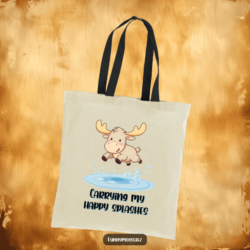 Funny Kawaii moose tote bag, leaping joyfully over a sparkling puddle, with water droplets flying, an energetic design.