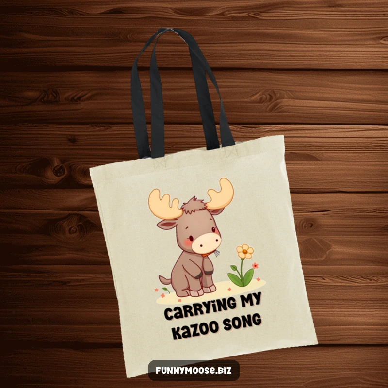 Funny tote bag featuring a cute kawaii moose playing a tiny kazoo to serenade a flower, full of charming musical expression.