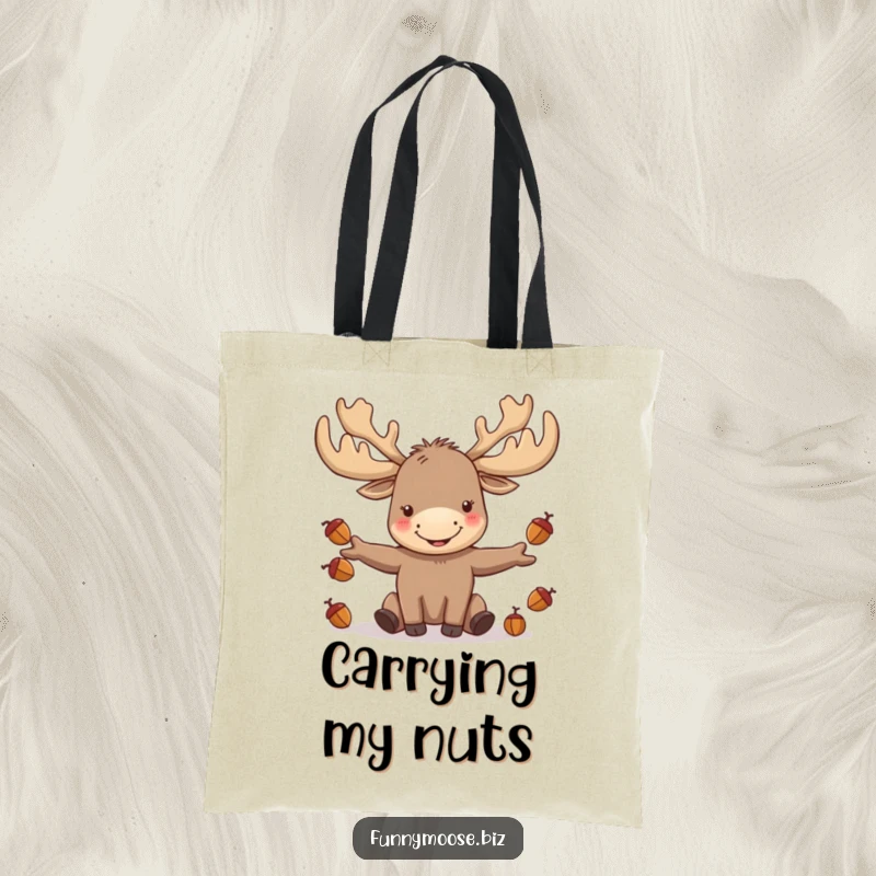 Funny kawaii moose with impressive antlers joyfully juggling acorns, printed on a durable tote bag for everyday use.