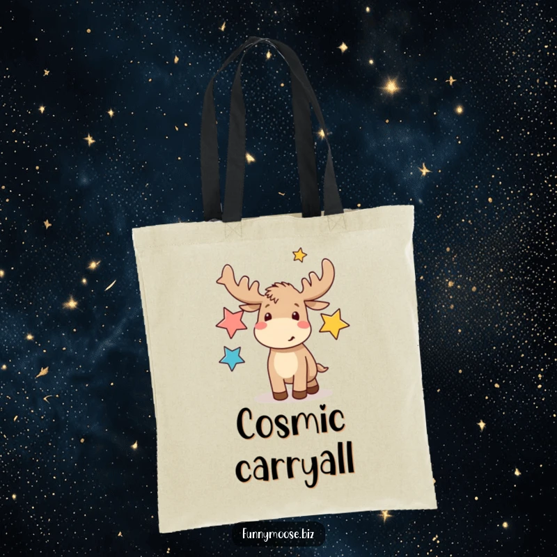 Funny kawaii moose with a determined look, juggling three abstract star shapes on a durable and stylish funny tote bag.