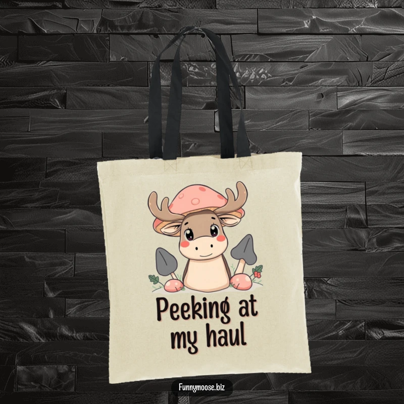 Funny Kawaii moose tote bag, peeking with wide, curious eyes from behind a large mushroom, a delightful surprise.