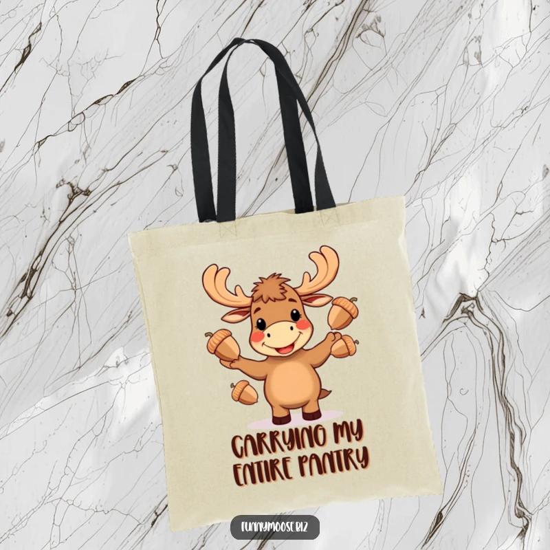 Funny Kawaii moose tote bag, enthusiastically juggling three oversized acorns with a very happy, wide grin, perfect tote.